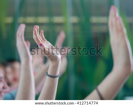 senior teacher teaching lessons, smart students group raise hands up in school  classroom on class