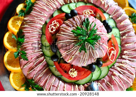tasty meat and tasty food at buffet party food arrangement on table closeup