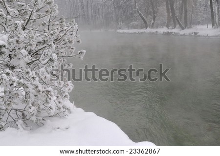 early mornig at beutiful winter day at river and lake