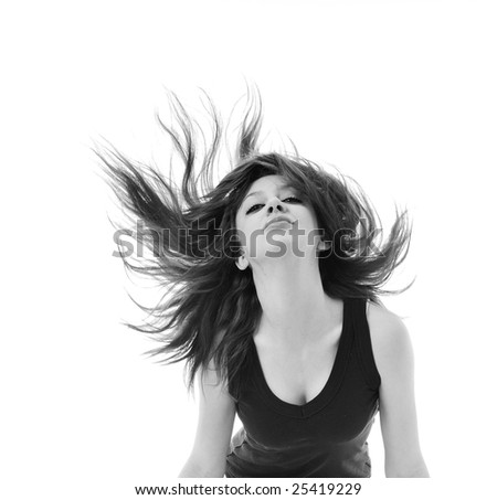 young beauty happy party woman dance with wind in hair isolated
