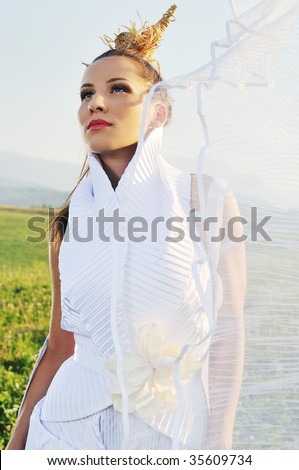 stock photo happy young beautiful bride after wedding ceremony event have