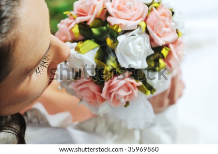 stock photo happy young beautiful bride after wedding ceremony event have