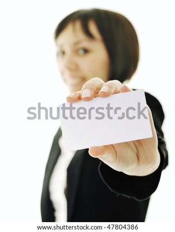 young business woman isolated on white showing and displaying empty business card ready for text