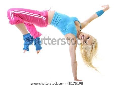 young sexy blond woman isolated on white dance hip hop exercise fitness