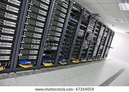 internet network server room with computers racks and digital receiver for digital tv