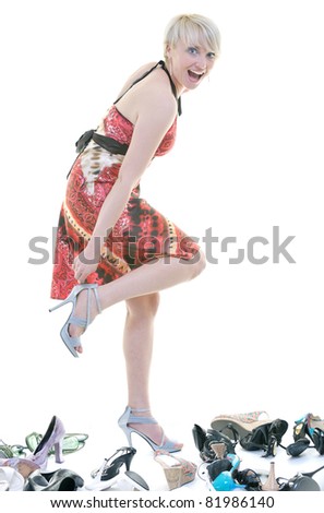 woman buy shoes concept of choice and shopping, isolated on white background in studio