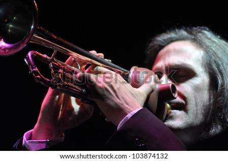 CLUJ NAPOCA, ROMANIA Ã¢Â?Â? MAY 29: Gavin Bondy from Pink Martini pop-jazz band performs live on trumpet at the Sports Hall of Cluj, Romania, MAY 29, 2012 in Cluj-Napoca, Romania