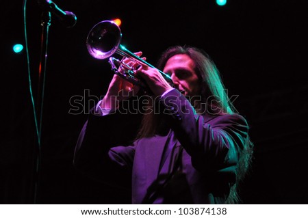 CLUJ NAPOCA, ROMANIA Ã¢Â?Â? MAY 29: Gavin Bondy from Pink Martini pop-jazz band performs live on trumpet at the Sports Hall of Cluj, Romania, MAY 29, 2012 in Cluj-Napoca, Romania