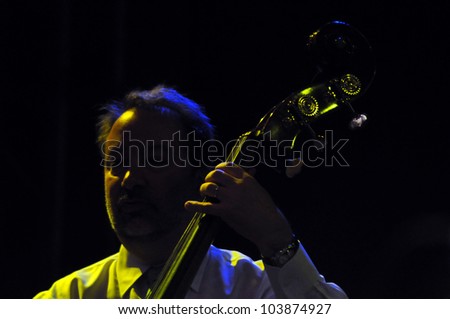 CLUJ NAPOCA, ROMANIA Ã¢Â?Â? MAY 29: Phil Baker form Pink Martini pop-jazz band performs live on double bass at the Sports Hall of Cluj, Romania, MAY 29, 2012 in Cluj-Napoca, Romania