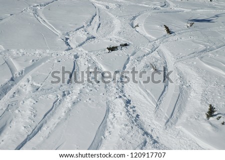Snow background with ski and snowboard tracks