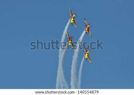 CLUJ NAPOCA, ROMANIA - MAY 18: Military aircraft fly in formation over at the city of Cluj at the Romanian Military Parade on May 18, 2013 in Cluj Napoca, Romania
