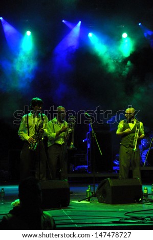 CLUJ-NAPOCA - JULY 19: The Sweet Life Society band from Italy performs live on the stage at the Peninsula / Felsziget Music Festival. On July 19, 2013 in Cluj Napoca, Romania