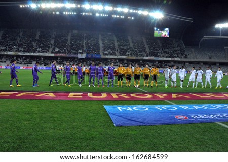 CLUJ NAPOCA, ROMANIA - NOVEMBER 7: Line up at the start of a Europa League match between CS Pandurii Targu Jiu and ACF Fiorentina final score 1:2. On Nov. 7, 2013 in Cluj Napoca, Romania