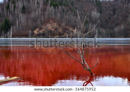 Lake water contamination from a copper mine. Geamana, Rosia Montana, Romania