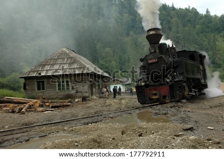 VASER  - JULY 2: The last forestry steam train in Europe transporting wood and a small group of tourists from Faina, the border between Romania and Ukraine. On July 2, 2004 in Viseu de Sus, Romania