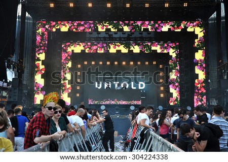 CLUJ NAPOCA, ROMANIA - AUGUST 2, 2015: Tehnicians setting the stage lights before a live concert at the Untold Festival