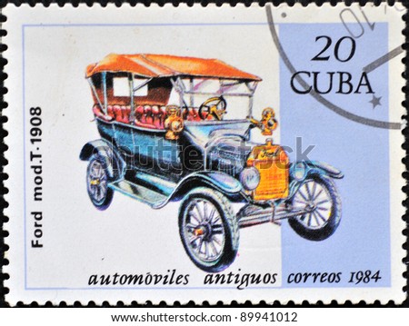 CUBA - CIRCA 1984: A stamp printed in Cuba shows an image with a retro, antique Ford car from 1908, series, circa 1984