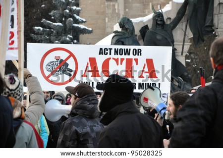 CLUJ NAPOCA – FEBRUARY 11: Hundreds of people protest against ACTA, against web piracy treaty, and against government in Cluj Napoca, on February 11, 2012 in Cluj Napoca, Romania