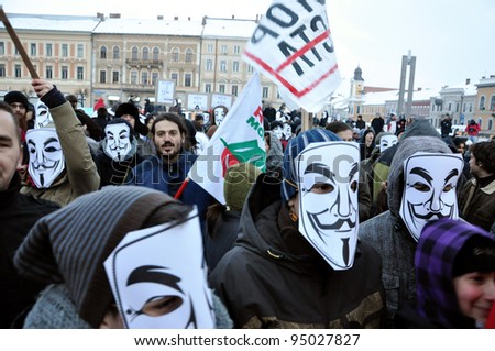 CLUJ NAPOCA – FEBRUARY 11: Hundreds of people protest against ACTA, against web piracy treaty, and the government in Cluj Napoca, on February 11, 2012 in Cluj Napoca, Romania