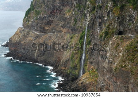 A waterfall falling to the sea in Madeira Island