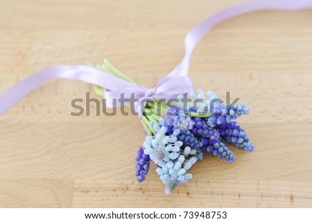 Muscari bouquet, tied with a purple ribbon on a wooden table