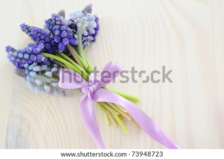 stock photo Muscari bouquet tied with a purple ribbon on a wooden table