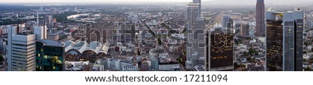 Wide high resolution panorama of Frankfurt CBD and Hauptbahnhof