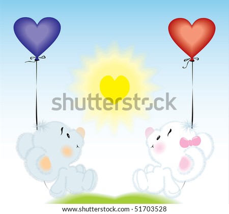 Mouse white and gray with balloons in the form of hearts, sit in the sun, they are in love.