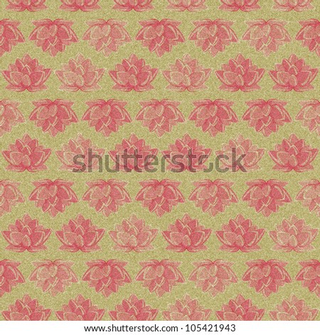 Old Retro Lotus Flower Seamless Pattern on Beige textured Background. Floral Texture