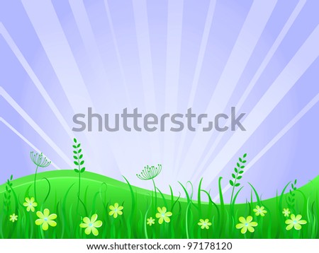 Green Meadow Landscape. Illustration of Grass at Lawn With Blue Sky