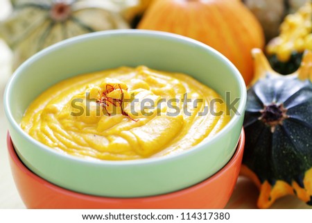 bowl of delicious pumpkin soup - food and drink