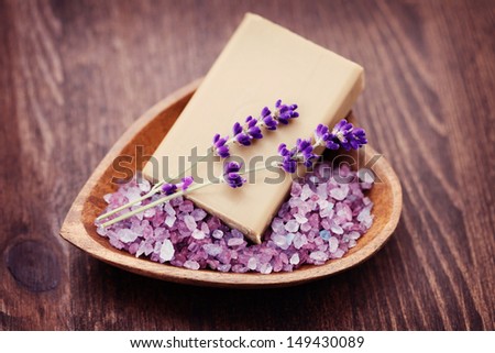 natural soap and bowl of lavender bath salt - beauty treatment /shallow DOF/