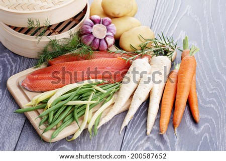 fresh vegetables and fish ready to steam - food and drink