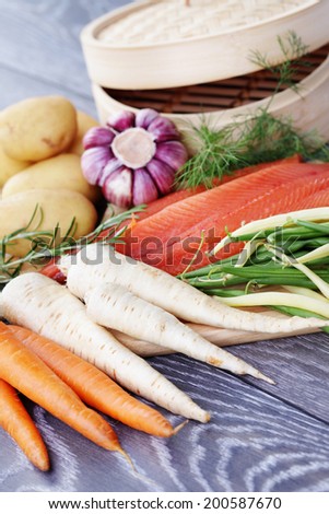 fresh vegetables and fish ready to steam - food and drink