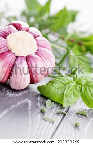 fresh herbs with garlic - herbs and spices