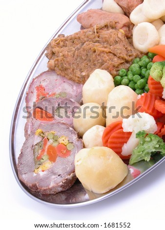 plate full of cooked vegetables and meat