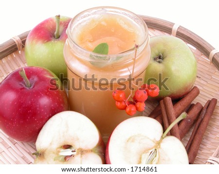 jar of apple jam some fresh apples and cinnamon sticks - ready for apple pie