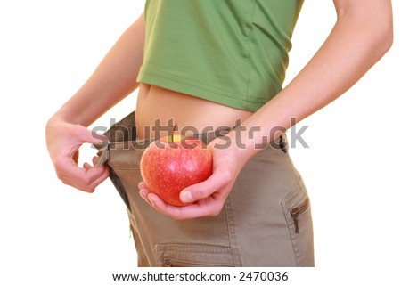 apple belly and big pants - weight loss isolated on white