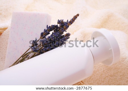 close-ups of basket with shampoo and lavender soap - beauty treatment