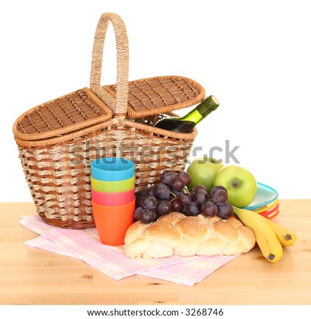 picnic basket and food ready to pack isolated on white