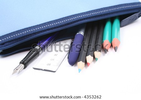 blue pencil case with school supplies isolated on white