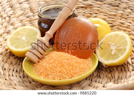 bar of gliceryne soap and jar of honey and lemon - natural bath