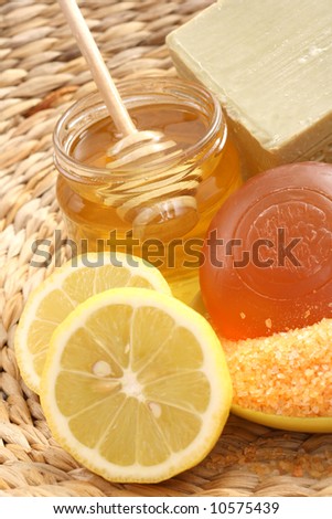 bar of gliceryne soap jar of honey and lemon - natural bath