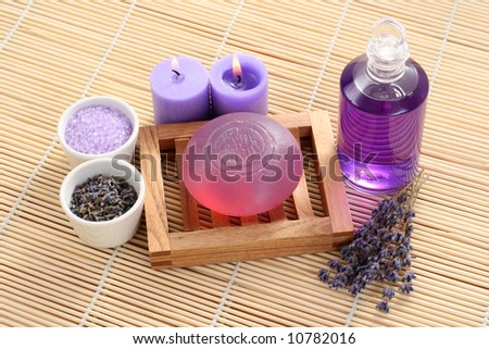 aromatic lavender bath - bath salt bar of soap and lavender flowers