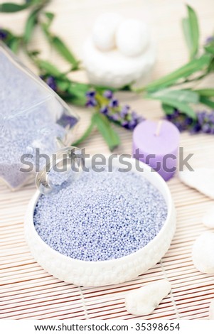 bowl of lavender bath caviar salt with flower - beauty treatment