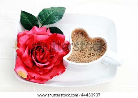 cup of coffee shape of heart and red rose - coffee time