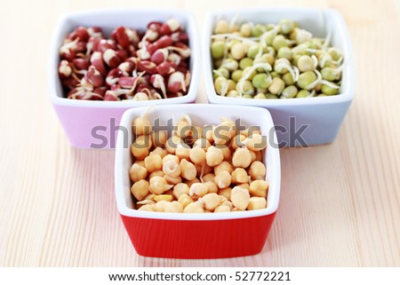 bowls of different vegetable beans sprouts - food and drink