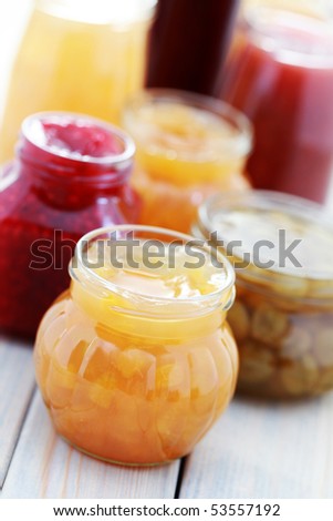 different jars full of fruity jam - food and drink