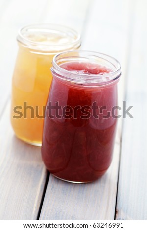 jar of apple and rhubarb jam - food and drink