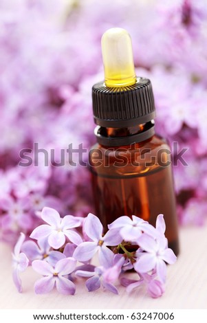 bottle of pink lilac massage oil with fresh flowers - beauty treatment
